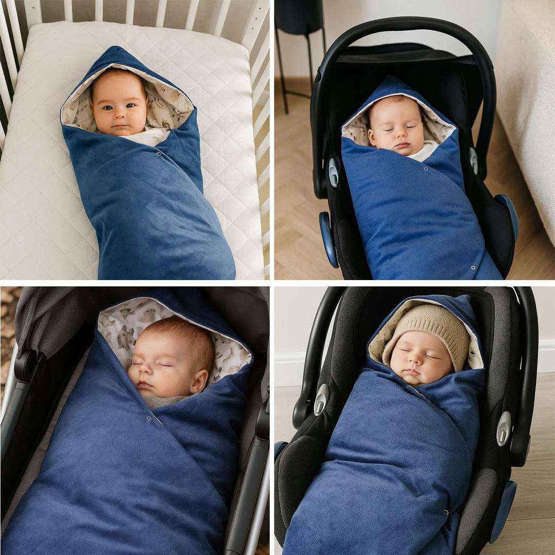 Baby Einschlagdecke Doppelseitig 86x86 cm Baumwolle-Velours für Kinderwagen und Babybett (Blau Velou