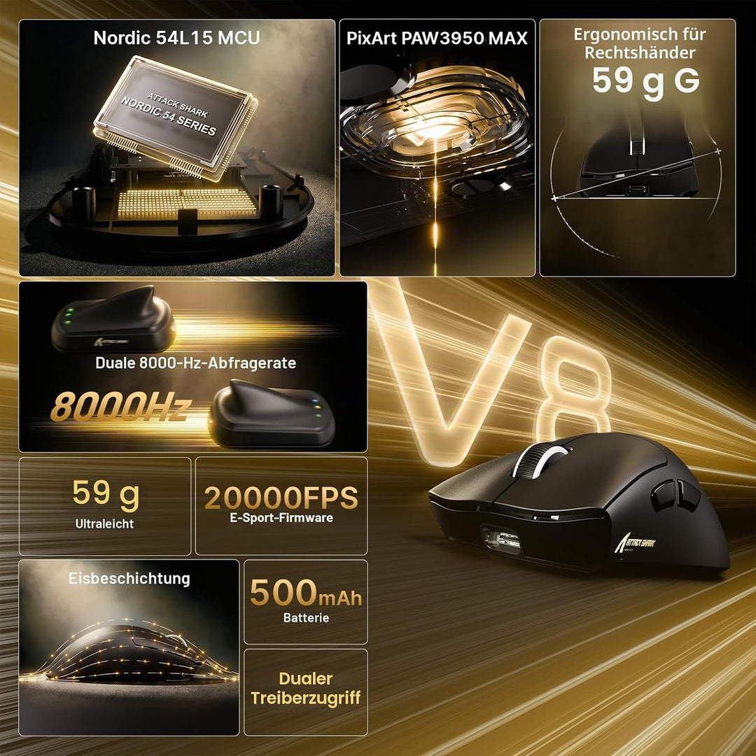 ATTACK SHARK V8 8000Hz Kabellose Gaming-Maus, Nordic 54L15 Chip, PAW3950MAX Sensor, 42000 DPI, 20000