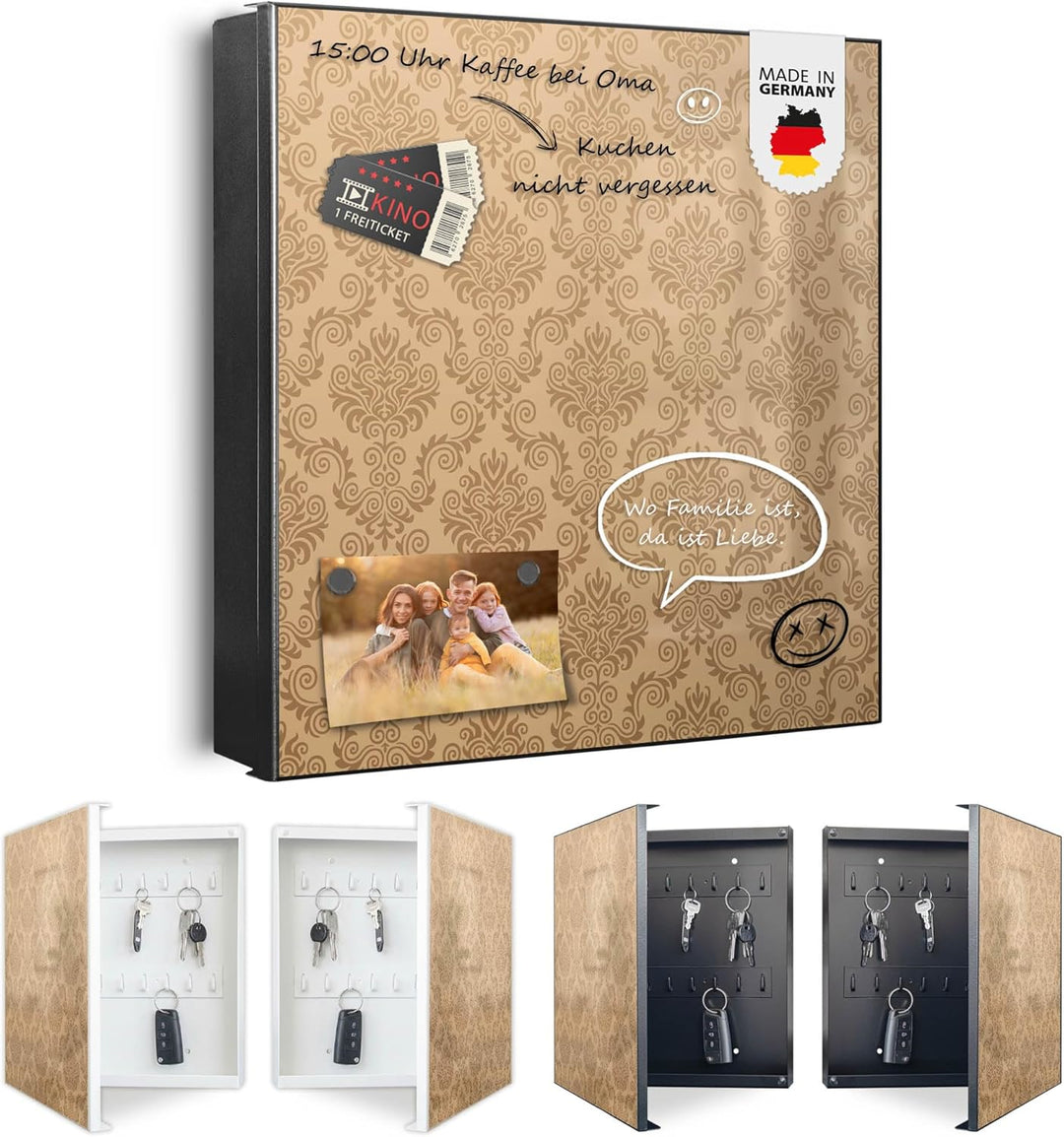 banjado® Grosser Schlüsselkasten Glas/Schlüsselbox 30cm x 30cm mit 50 Haken - Motiv Geigetapete/Schl