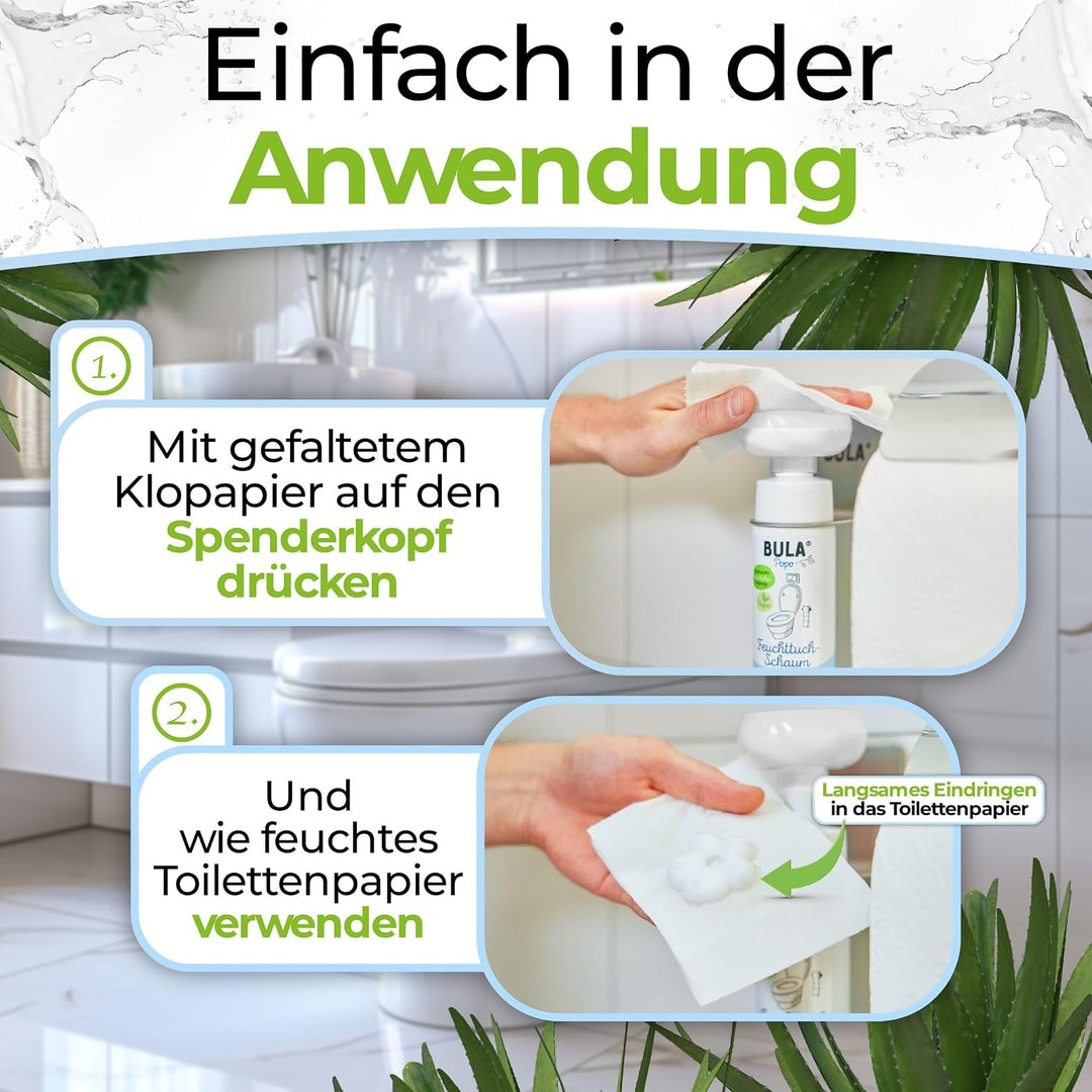 BULA® Popo Home Bundle | Feuchttuch-Schaum 150ml Flasche + Blumen-Schaumpumpe inkl. Edelstahl Halter