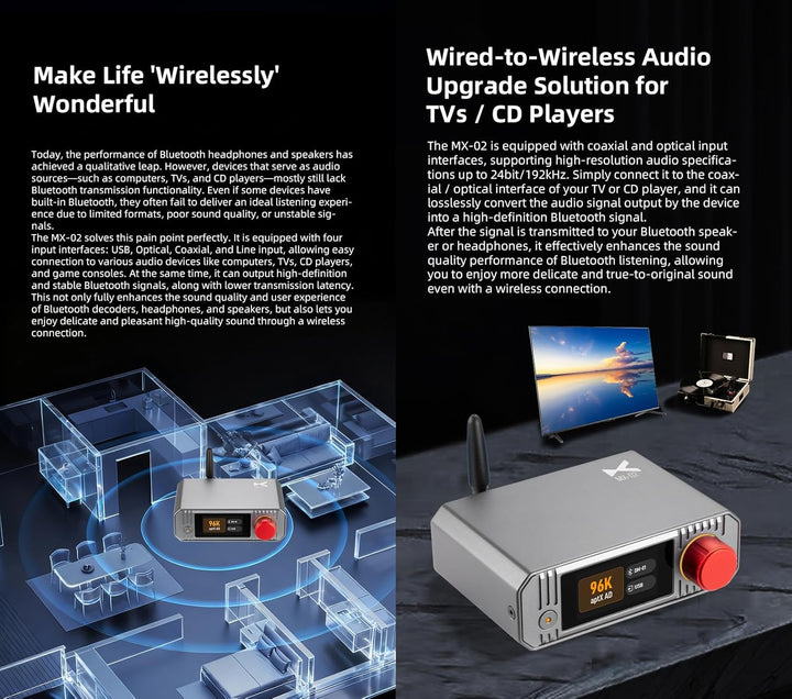xDuoo MX-02 HD Bluetooth 5.4 Audio-Sender – LE Audio und aptX Lossless für extrem niedrige Latenz, B