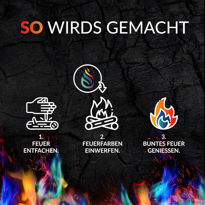 Pulver für buntes Feuer 250 Gramm für Feuerstellen, Kamin, Ofen, Lagerfeuer oder für Outdoor-Events.