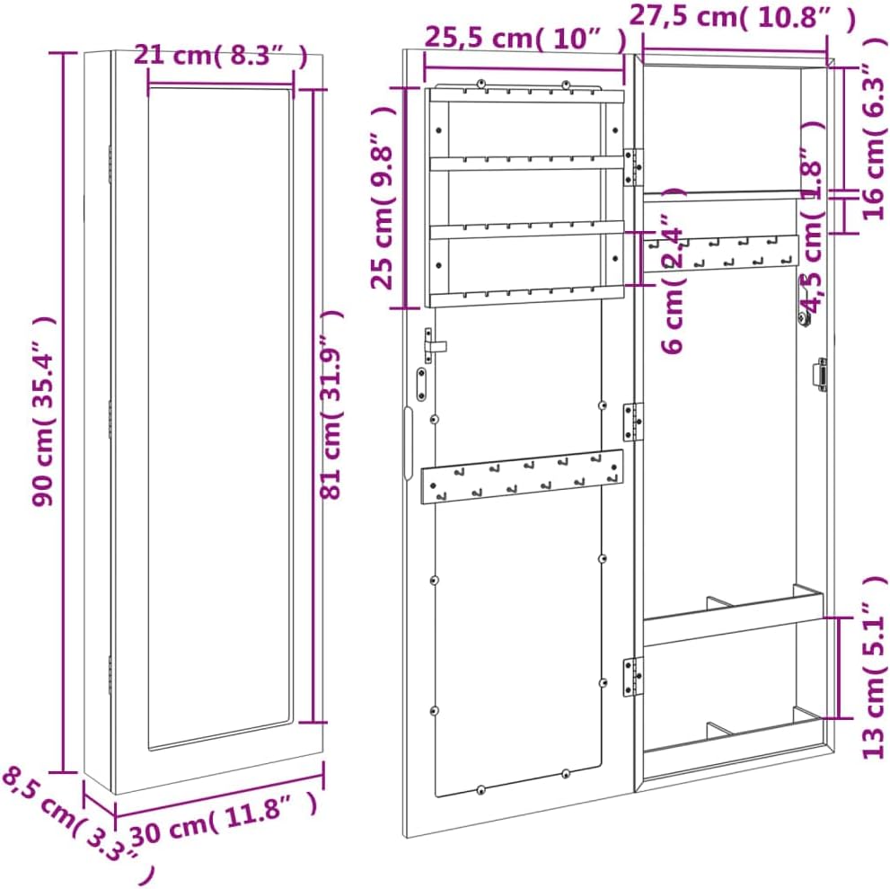 vidaXL Schmuckschrank mit Spiegel Wandmontage, Spiegelschrank mit Haken Bügeln Ablagen, Wandschrank