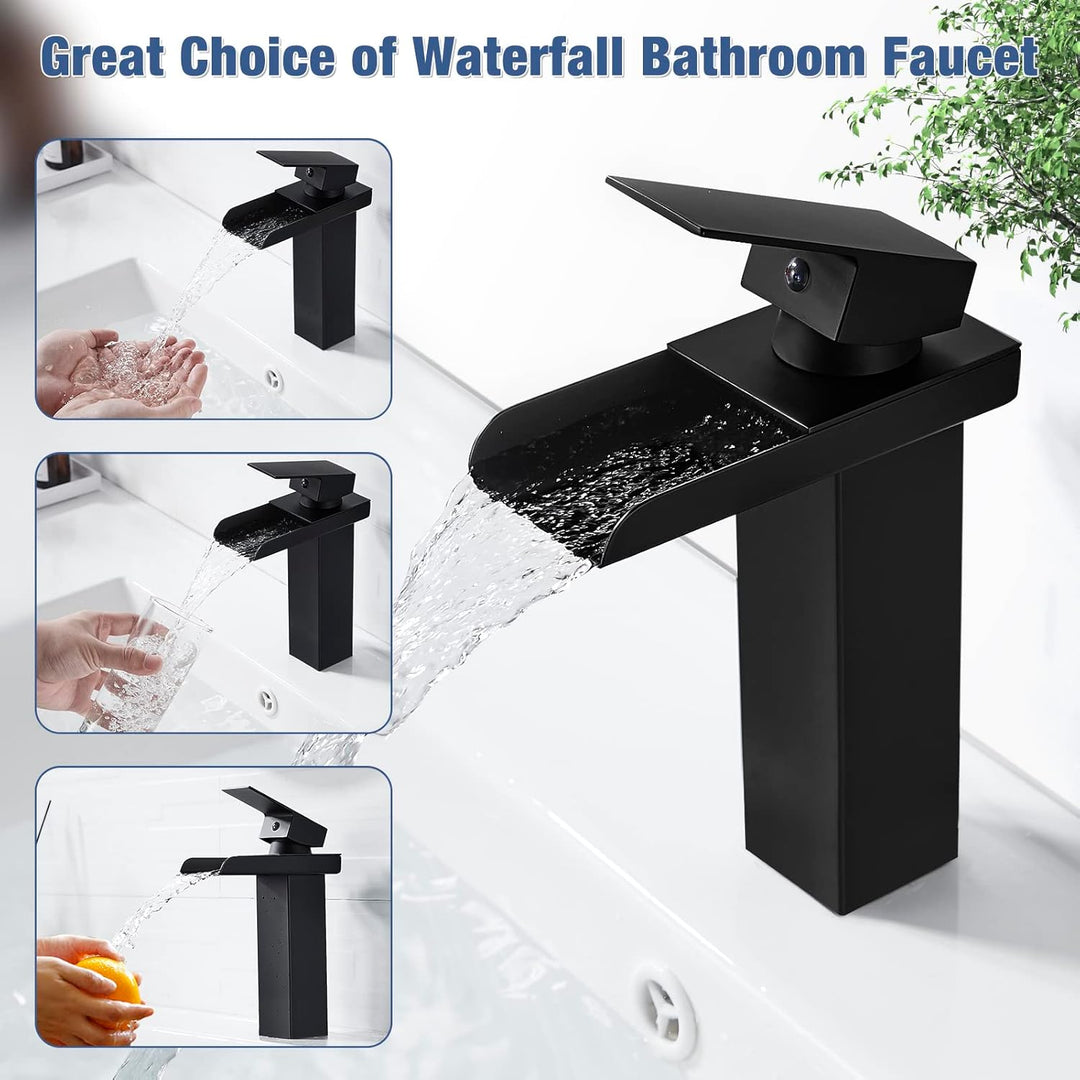 Wasserfall Wasserhahn Bad Schwarz Matt Waschtischarmatur, Modern Einhebelmischer Waschbeckenarmatur,
