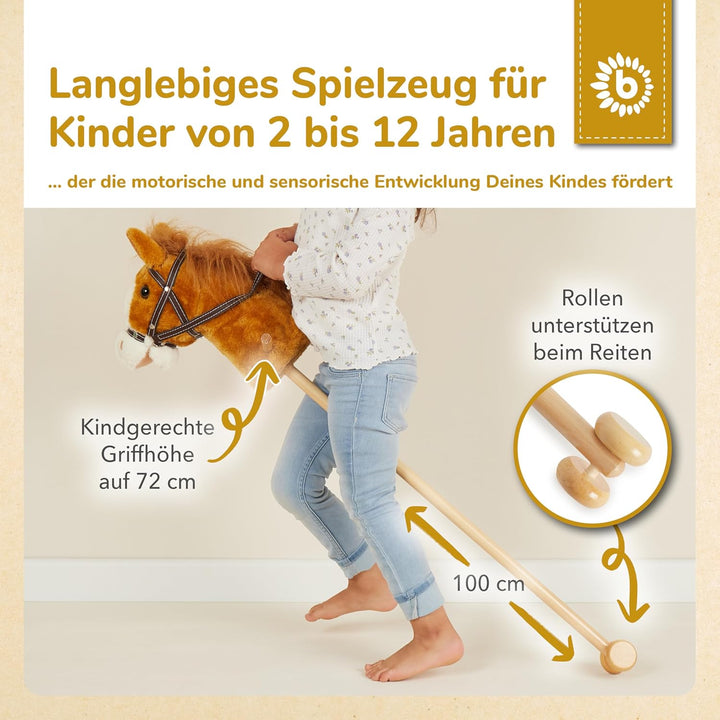 Bieco Steckenpferd Kinder Brownie | ca. 100 cm | Top Qualität | Holzpferd Draussen & Drinnen | Plüsc