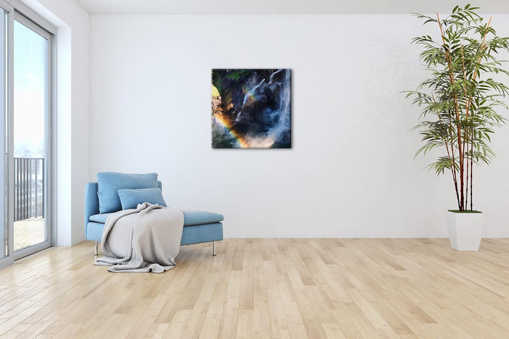 Regenbogen am Wasserfall Format: 60x60 als Leinwandbild, Motiv fertig gerahmt auf Echtholzrahmen, Ho
