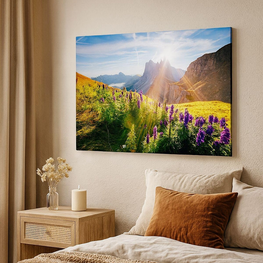 Bilder auf Leinwand Berge Wiese Blumen Leinwandbild mit Rahmen 70x50cm Wandbilder Dekoration Wohnzim
