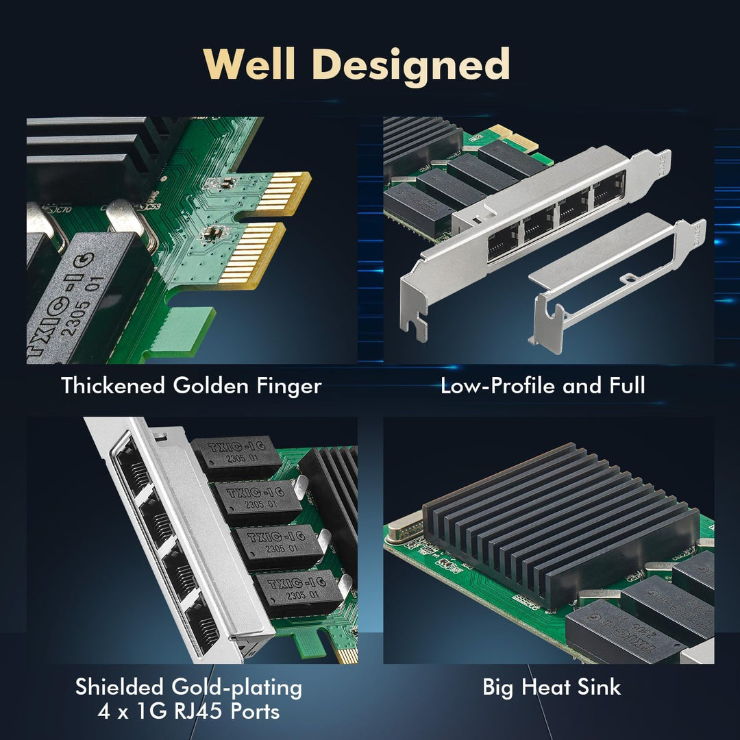 Binardat 4 Port Gigabit PCIe Netzwerk Adapter, Realtek RT8111H Controller 1000/100Mbps Ethernet LAN