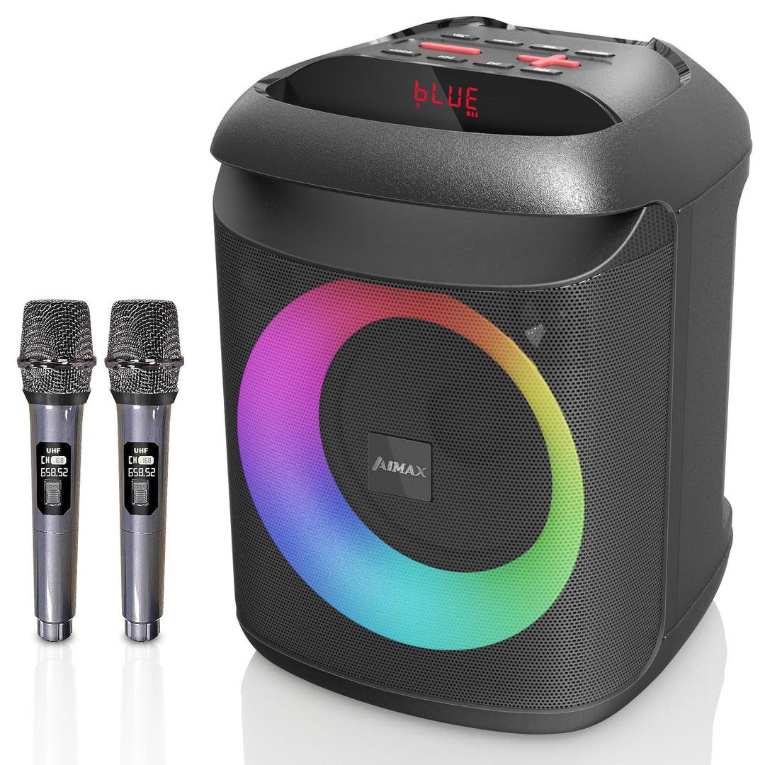 AIMAX Karaoke Maschine mit 2 Kabellosen Mikrofonen, Tragbare Bluetooth Lautsprecher für Erwachsene u