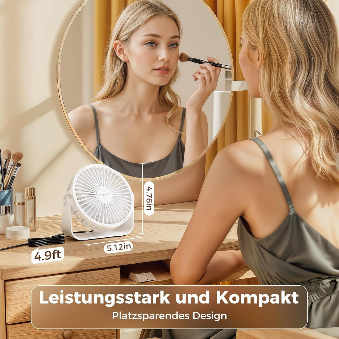 TriPole USB Tischventilator, 3 Geschwindigkeiten Starker Wind, 360° Rotation Persönlicher Ventilator