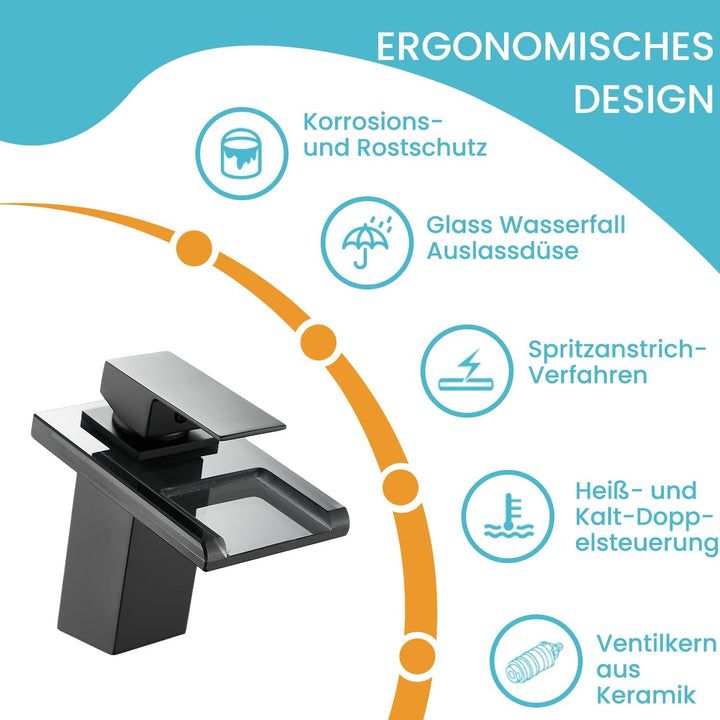 Wasserhahn Bad,Wasserfall Armatur Badezimmer Glas,Schwarz Schwarz Xs, Schwarz Xs
