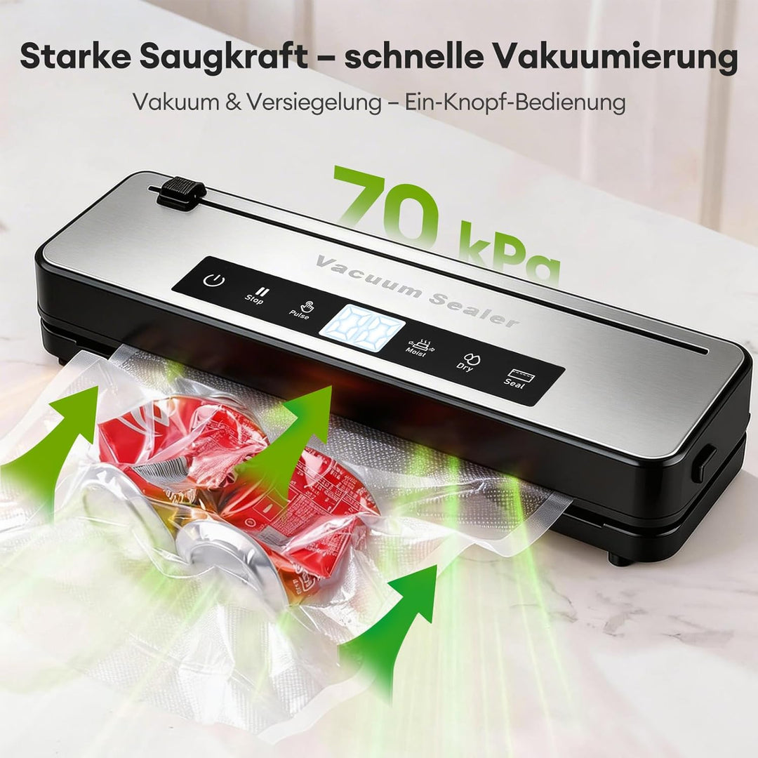 Vakuumierer mit Zuschneiden von Vakuumbeuteln, Vakuumiergerät mit Vakuumierbeuteln, Elektrischer Vak