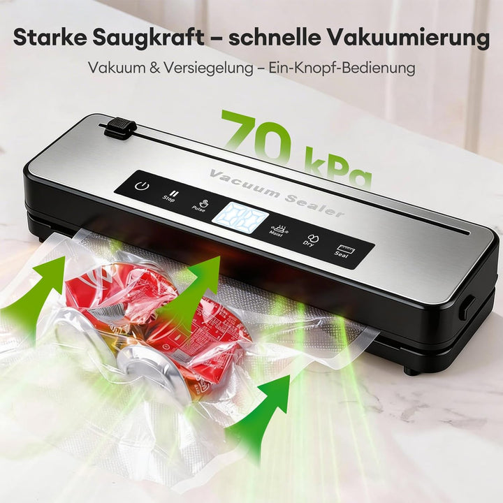 Vakuumierer mit Zuschneiden von Vakuumbeuteln, Vakuumiergerät mit Vakuumierbeuteln, Elektrischer Vak