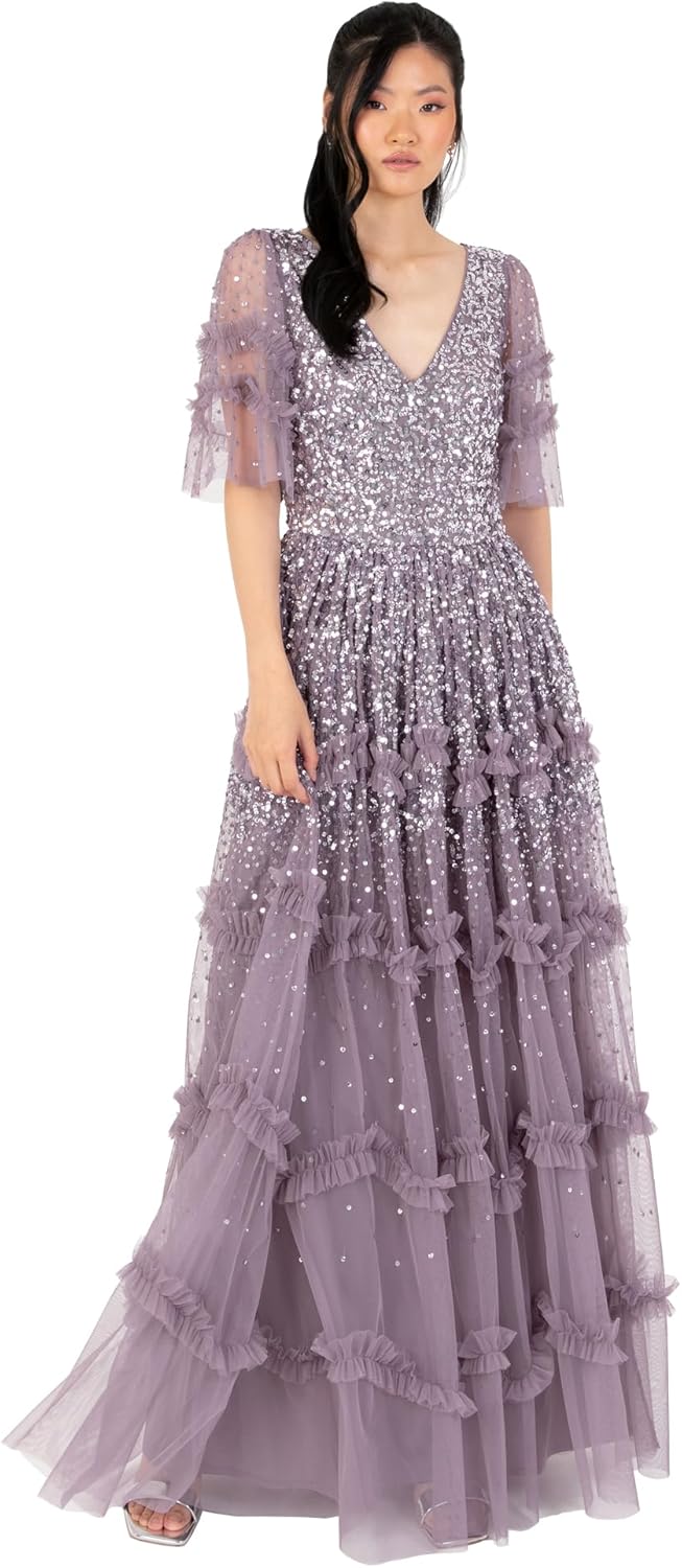 Maya Deluxe Damen Women's Maxi Ladies V-Neck Sequin Embellished Ruffle Detail for Wedding Guest Brid