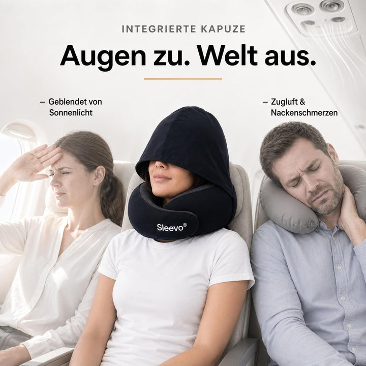 Pro Nackenkissen mit Kapuze &amp; Memory Foam für Flugzeug &amp; Reise – Ergonomisches Nackenhörnchen, Schla