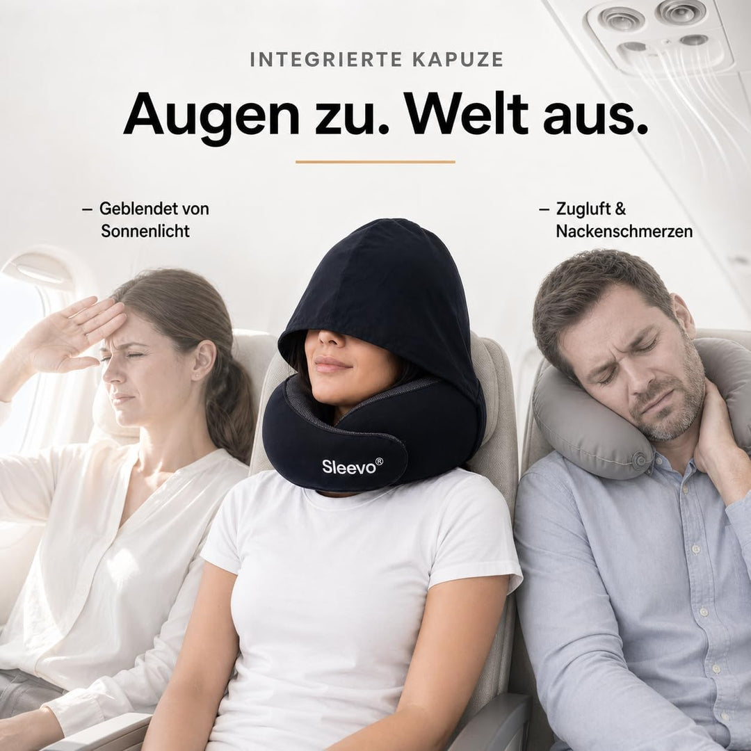 Pro Nackenkissen mit Kapuze & Memory Foam für Flugzeug & Reise – Ergonomisches Nackenhörnchen, Schla