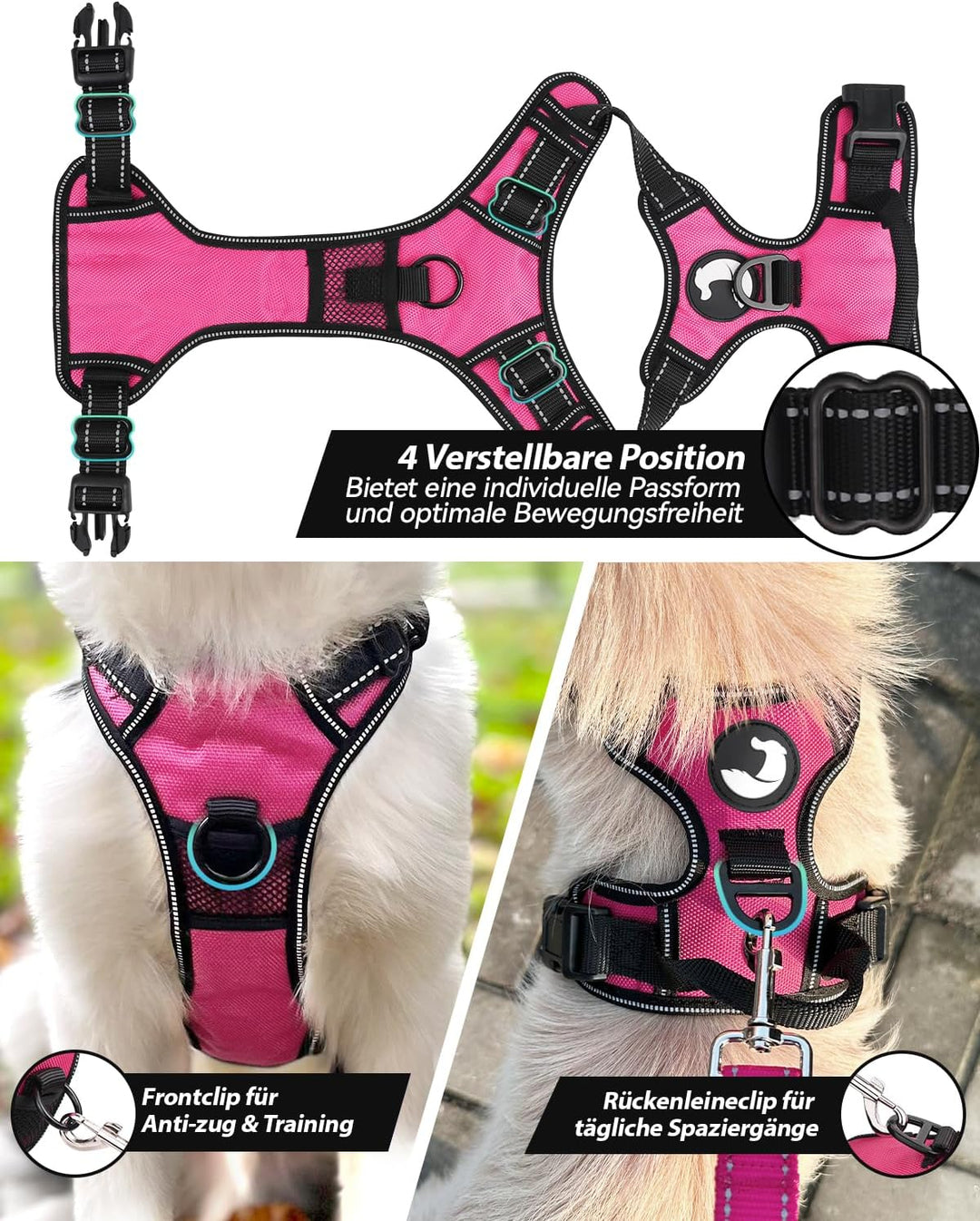Joytale Anti-Zug Hundegeschirr für grosse Hunde, Rosa, L | Perfekter Sitz, gepolstert &amp; reflektieren