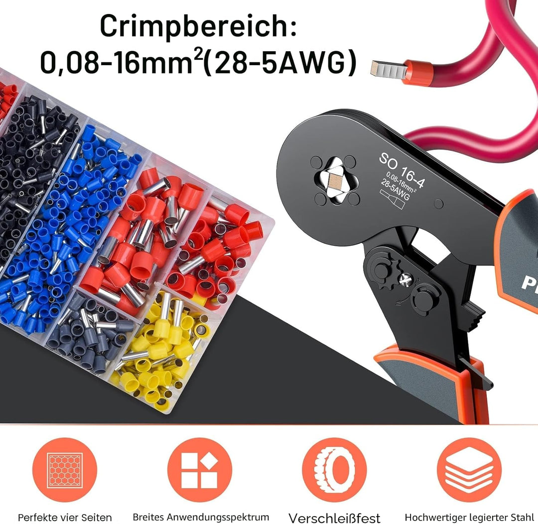 Crimpzangen 0.08-16mm² mit Aderendhülsen Set，Preciva Aderendhülsenzange Vierkant Crimpzange Presszan