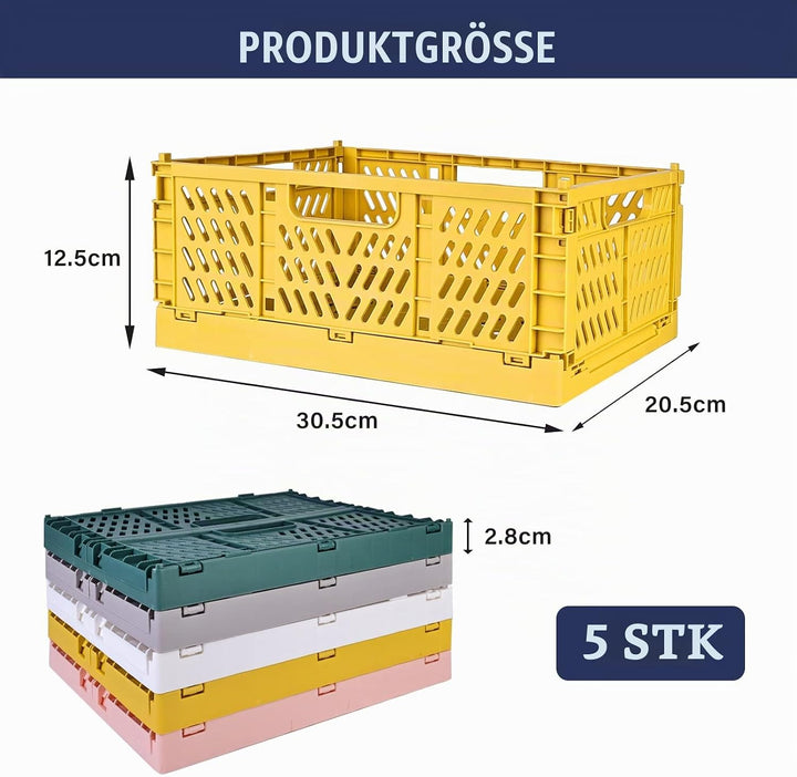 Plastikklappkiste Set, 5 Stück, Faltbar, Aufbewahrungskorb, Für Kinderzimmer, Küche, Schlafzimmer, B