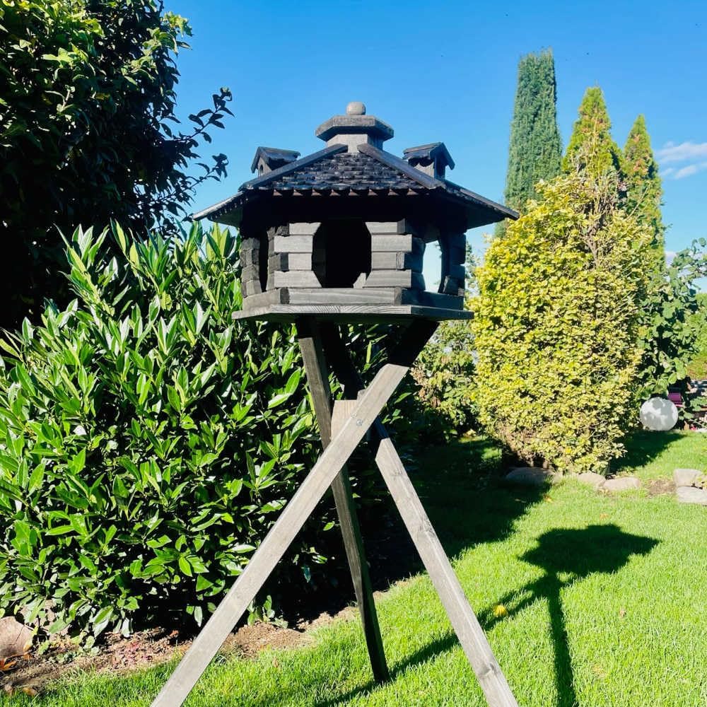 Vogelfutterhaus XL Sechseck Vogelhaus + Ständer Futterstelle Dunkelbraun XL mit Ständer Dunkelbraun,
