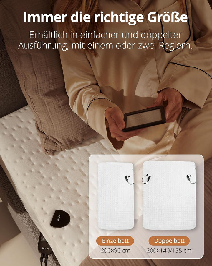 Duux Snooze Fleece Elektrische Unterdecke – Weiche Fleece-Deckschicht – 6 Heizstufen & Timer – Wasch