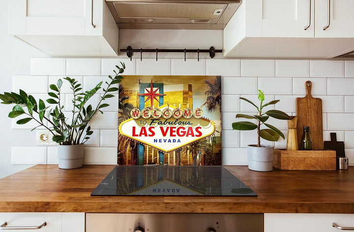 Las Vegas Ortseingangsschild Herdabdeckplatte & Spritzschutz aus Echtglas | Für Herd-Kochfelder | 60