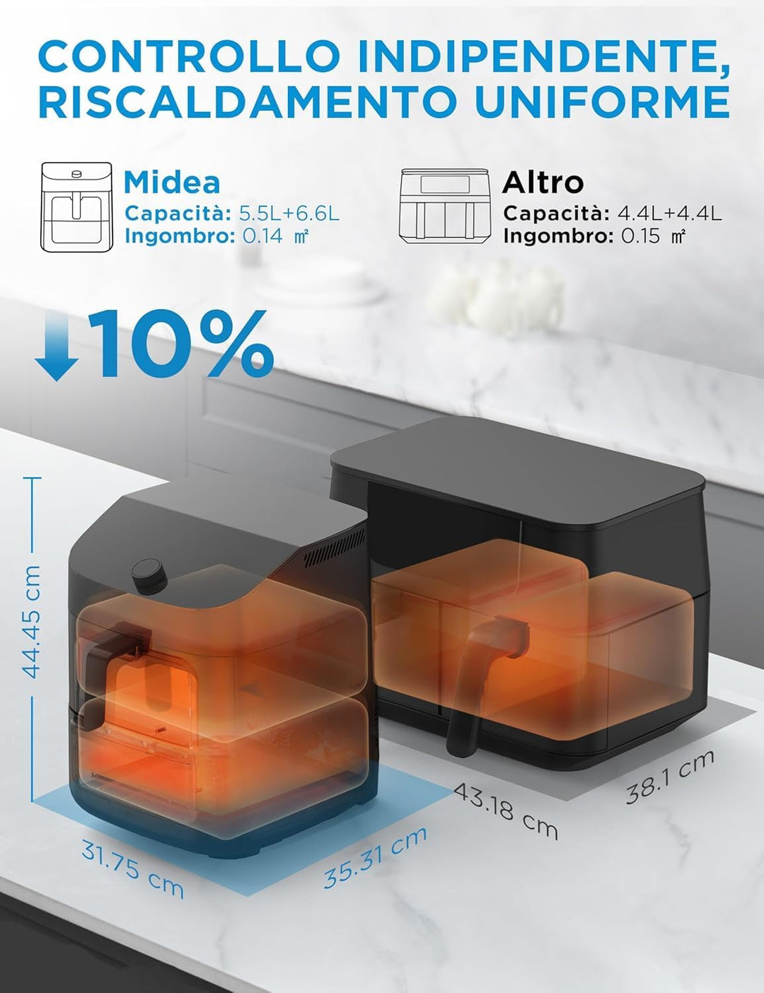 Midea Vertikale Luftfritteuse Doppelzone, 10 in 1, 11 l, 2400 W | 2 Schubladen 5 l &amp; 6 l, antihaftbe