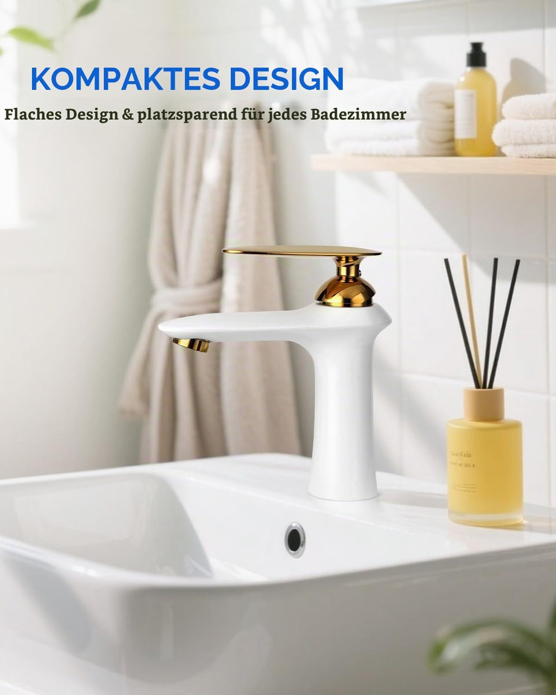 Waschtischarmatur Weiss Gold Messing Einhandmischer Hochdruck | Massives korrosionsfestes Messing mi