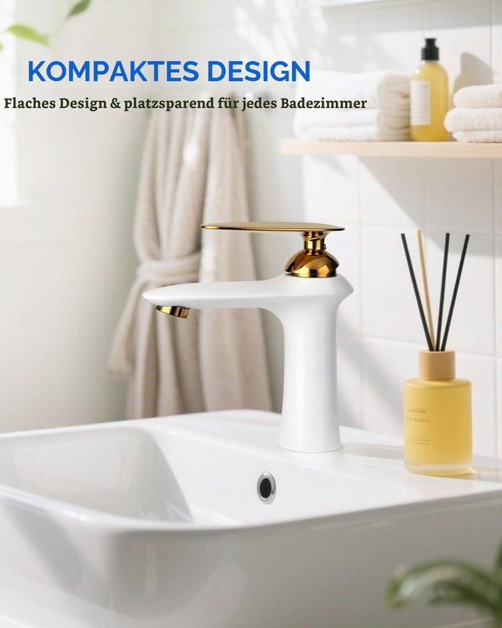 Waschtischarmatur Weiss Gold Messing Einhandmischer Hochdruck | Massives korrosionsfestes Messing mi