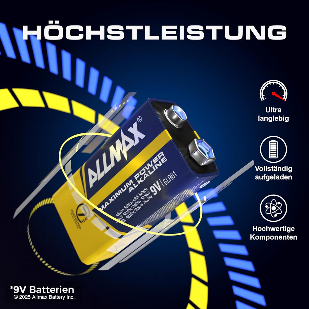 Allmax 9V Block (6LR61) Maximum Power Alkaline-Batterien (48 Stück) - Ultra-langlebig, 7 Jahre Haltb