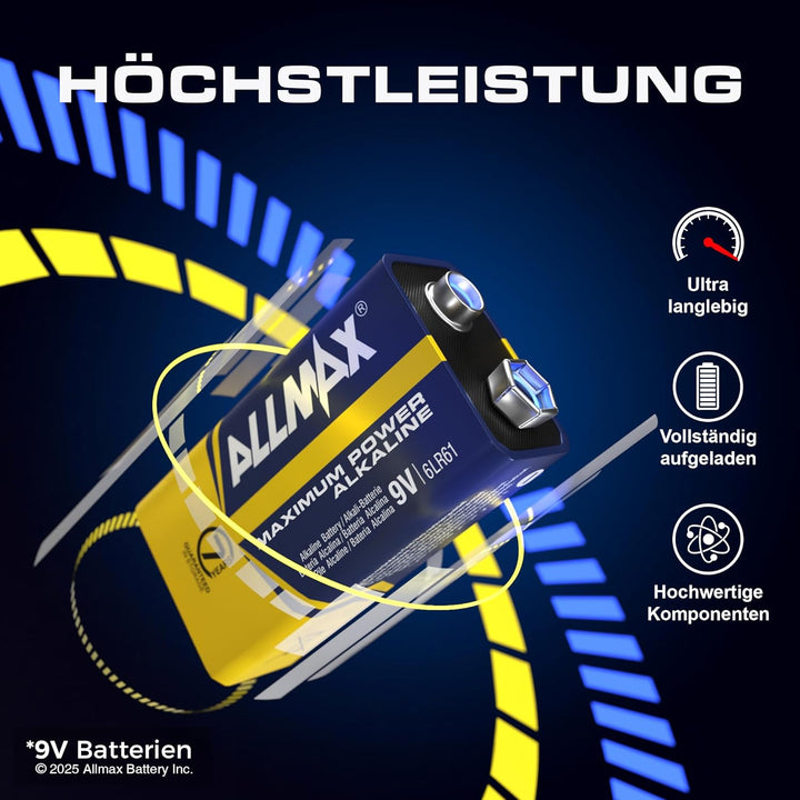 Allmax 9V Block (6LR61) Maximum Power Alkaline-Batterien (48 Stück) - Ultra-langlebig, 7 Jahre Haltb