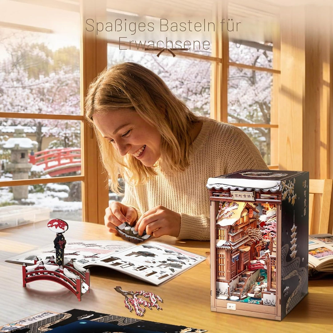 Fsolis Book Nook Kit –Kyoto Snow Whisper Booknook, Japanischer Puppenhaus-Szene, 3D Puzzle Set, Büch