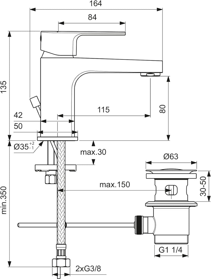 Ideal Standard BC685AA Cerafine D Waschtischarmatur mit Zugknopf-Ablaufgarnitur Auslaufhöhe 80mm Aus
