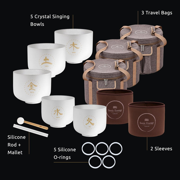 Sonic Energy TCM Kristallklangschalen Set – Elemente, 5-teilig – Für Meditation, Therapie, Qi-Arbeit