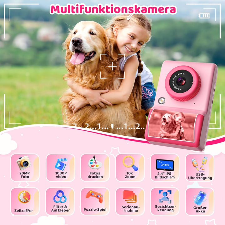 CHAKEYAKE Sofortbildkamera Kinder, 20MP 1080P Kinderkamera mit 2,4-Zoll-Display, Digitalkamera mit 3