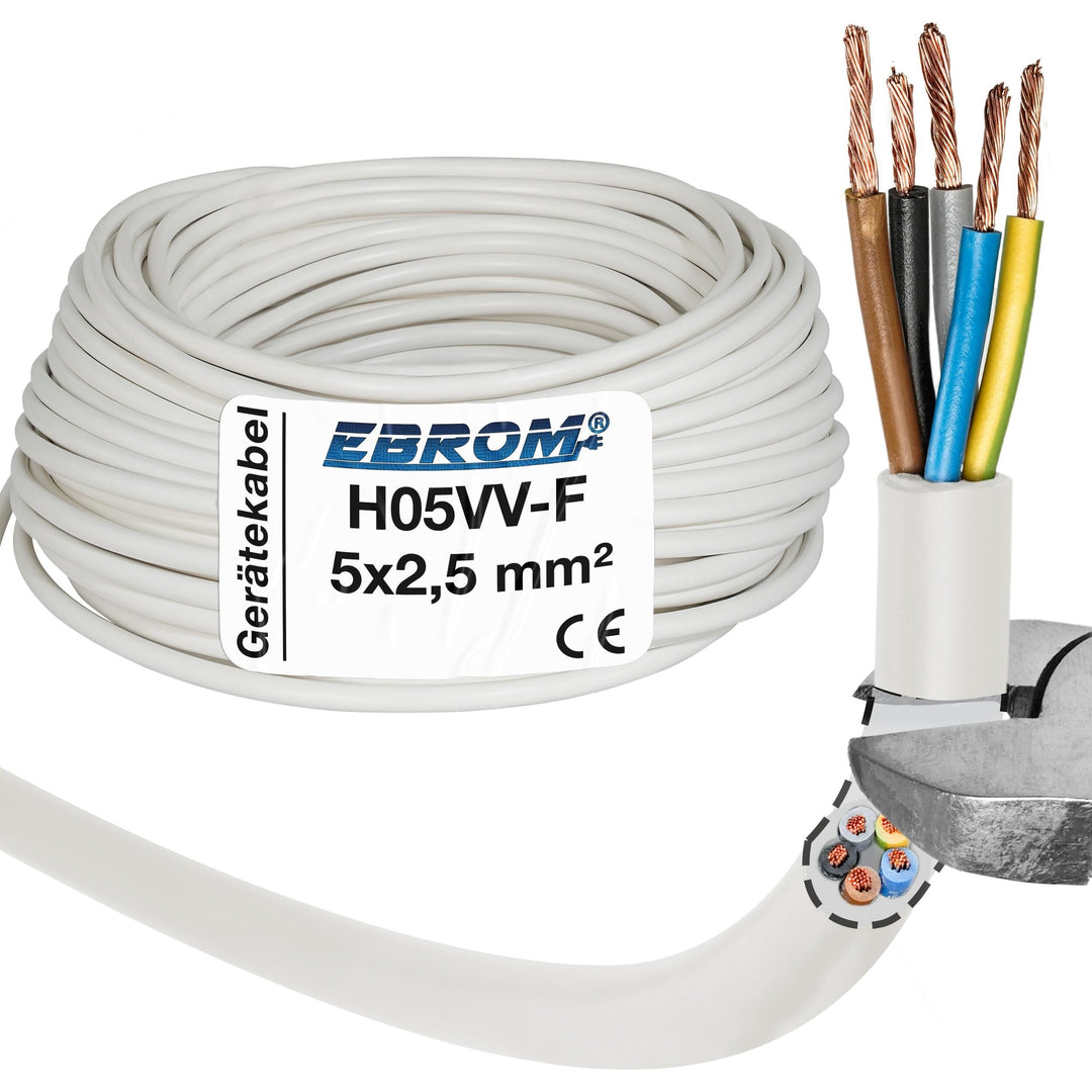 EBROM - 50 Meter - Herdanschlussleitung Herdkabel H05VV-F 5x2,5 mm² weiss