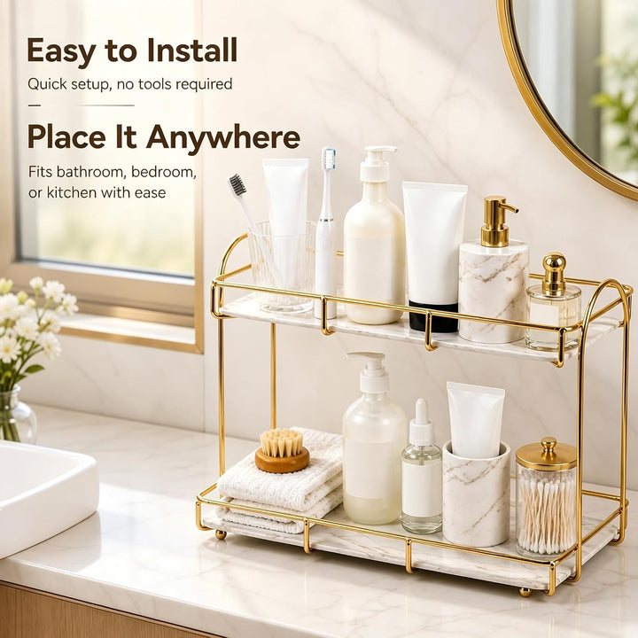 Bad-Organizer mit 2 Ebenen, Goldfarbenes Metall-Regal für Kosmetik &amp; Parfüm, Wasserdichtes Tablett f