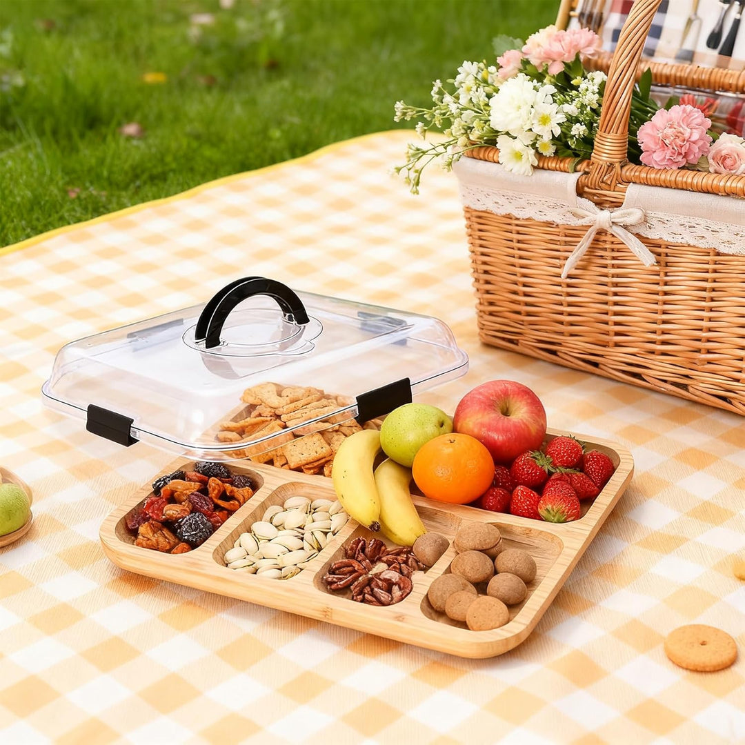 Charcuterie Board mit Deckel – Tragbares Snackbrett mit 6 Fächern & Transparentem Deckel – Reversibl