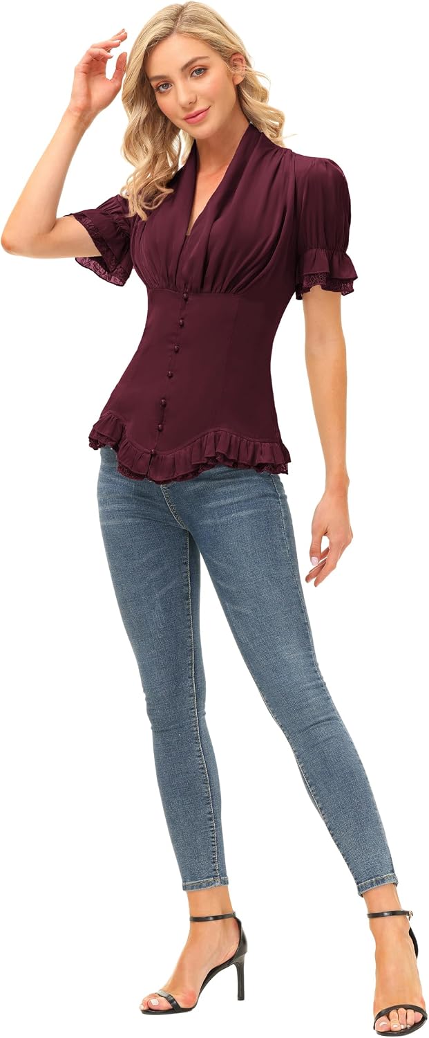 SCARLET DARKNESS Damen Rüschenbluse Mittelalter Spitzen Shirt Gothic Bluse | Kurzarm mit Rüsche, V-A