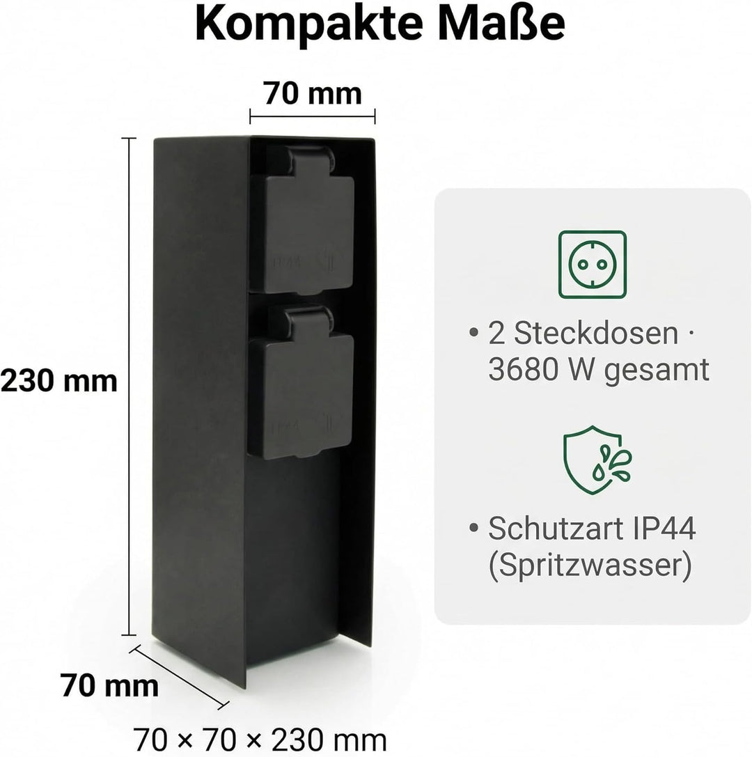 LED Universum Gartensteckdose aus Edelstahl, IP44 für aussen (Schwarz 2-fach), Schwarz 2-fach