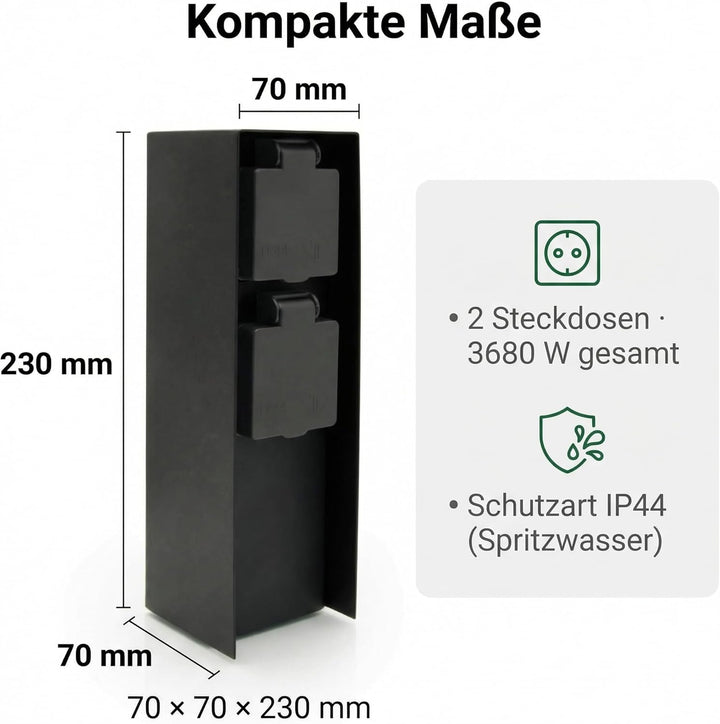 LED Universum Gartensteckdose aus Edelstahl, IP44 für aussen (Schwarz 2-fach), Schwarz 2-fach