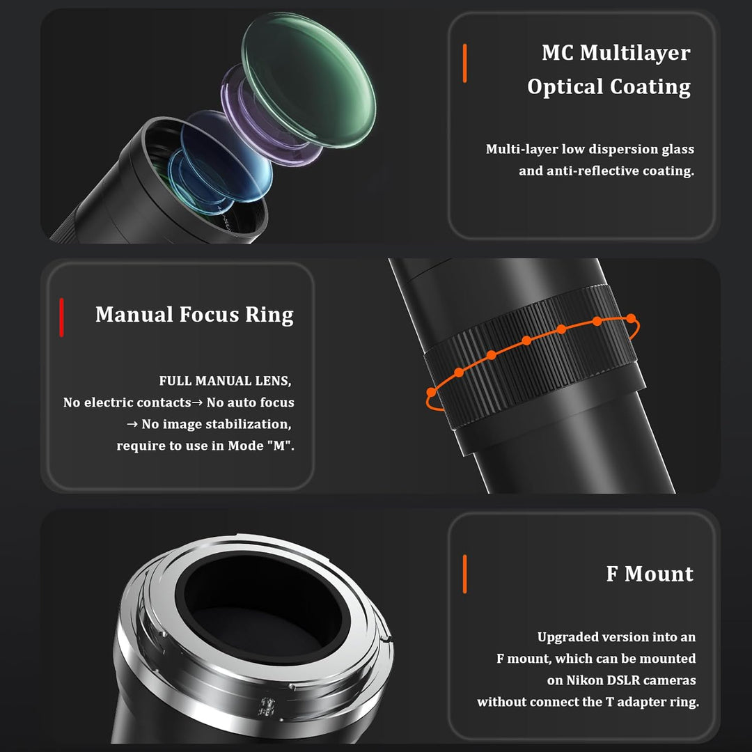 Teleobjektiv 420-800mm, F Objektiv für Nikon DSLR, Manueller Fokus MF Zoom Objektiv für Nikon D3500