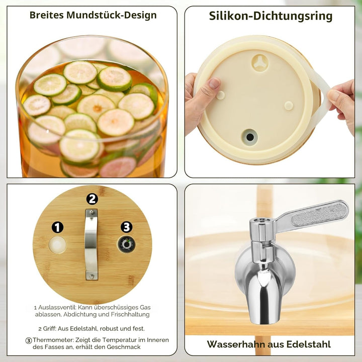 Getränkespender mit Ständer, 10L Getränkespender aus Glas mit rostfreiem Wasserhahn, Getränkespender