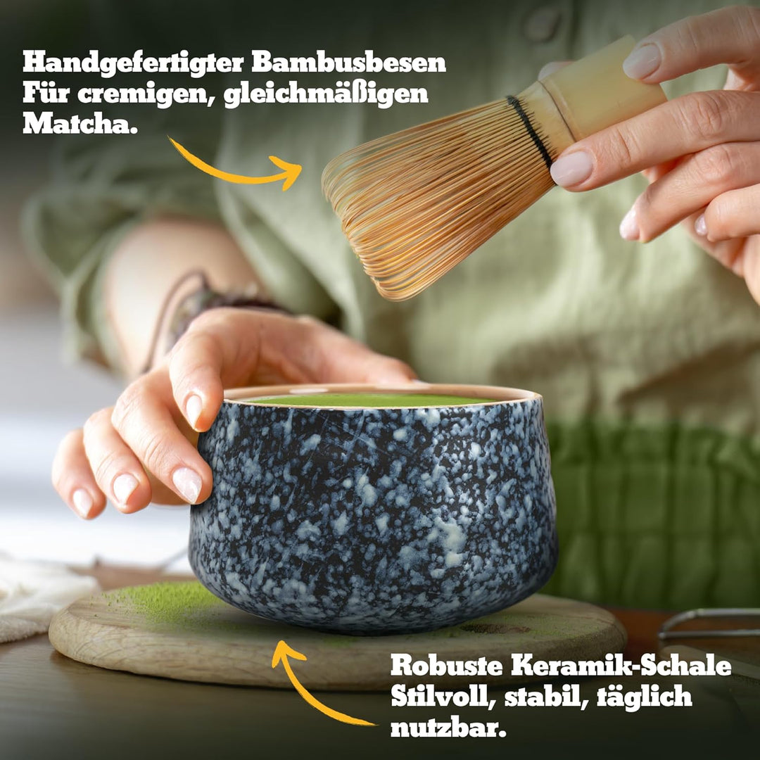 Premium Matcha Set aus Keramik - Traditionelles Matcha-Set mit Matcha Besen und Schale, Sieb und Bes