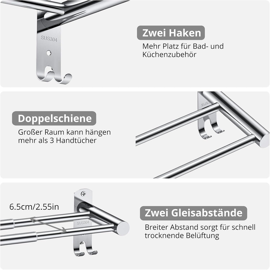 TANiCE 40-70cm Handtuchstange doppelt Bad einstellbar Edelstahl Selbstklebend Handtuchstange wandmon