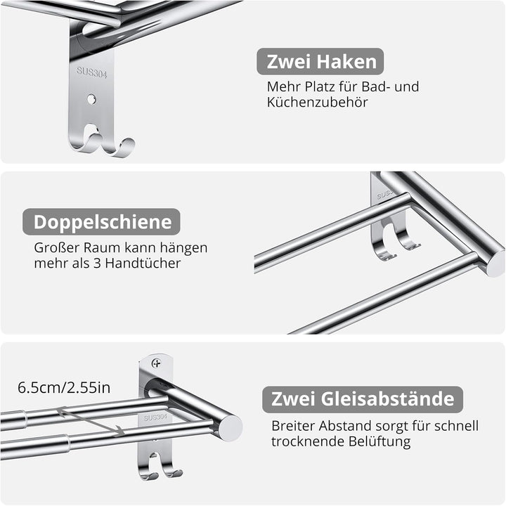 TANiCE 40-70cm Handtuchstange doppelt Bad einstellbar Edelstahl Selbstklebend Handtuchstange wandmon