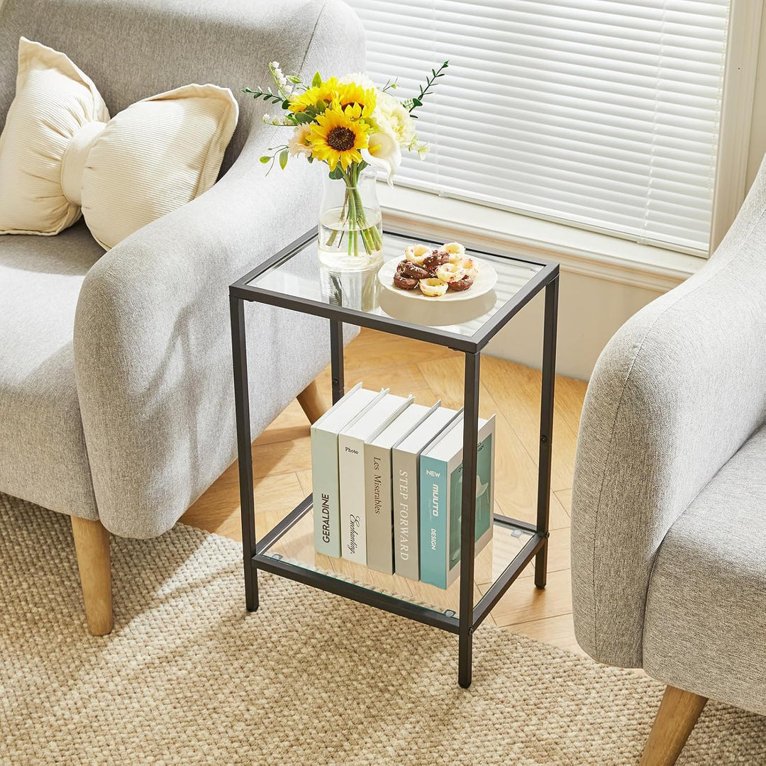 YMYNY Beistelltisch, Quadratischer Couchtisch, Sofatisch, Glastisch, Metallrahmen, aus gehärtetem Gl