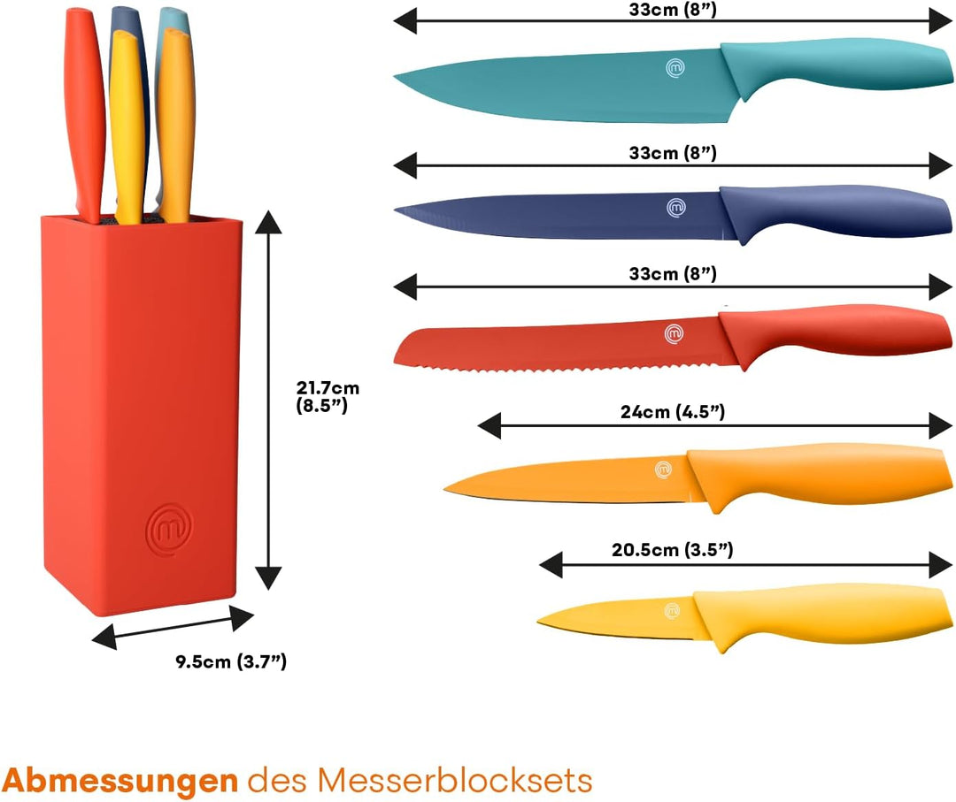 MasterChef Messerblock mit Messer Kuchenmesser Set mit Santokumesser, Brotmesser, Kochmesser, Gemüse