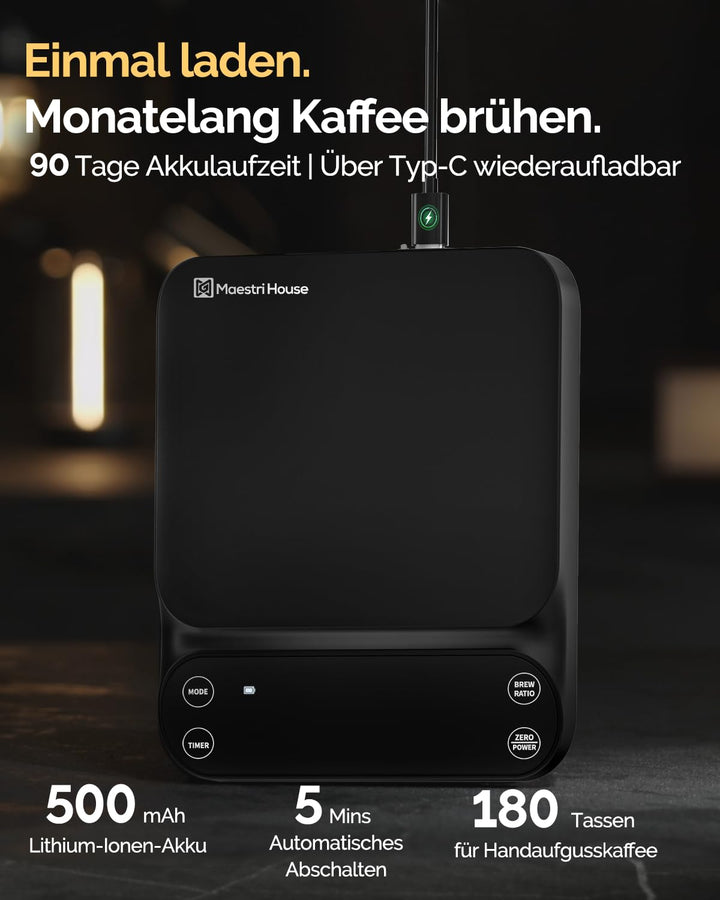 Maestri House S3 Kaffeewaage mit Timer, 3kg/0,1g Wiederaufladbar Digitale Espresso Waage, 3 Brühmodi