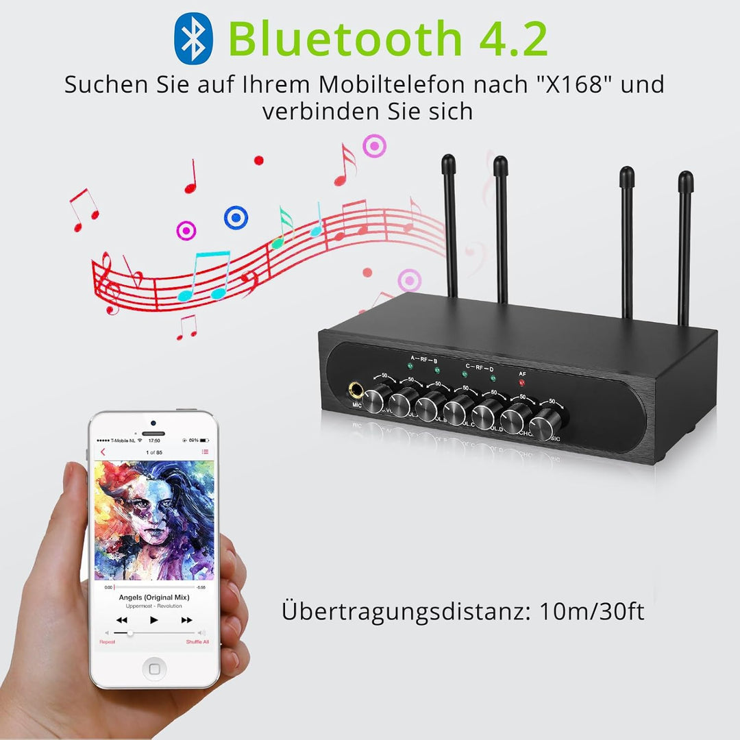 LiNKFOR 4 x UHF Mikrofon drahtloses UHF 4 Kanal Mikrofonsystem mit 4 drahtlosen Handmikrofonen, 50 *